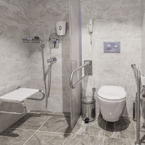 Bathroom with safety grab bars